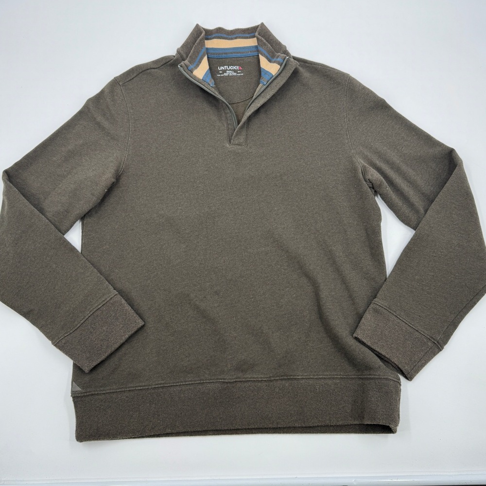 UNTUCKit Quarter Zip Pullover Mens S Olive Brown‎ Striped Inner Collar Mock Neck